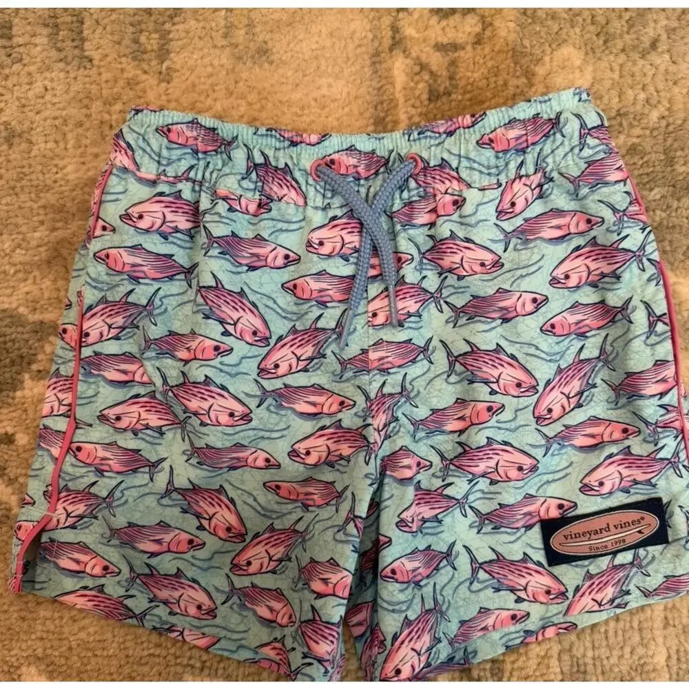 Vineyard Vines Swim Trunks Pink Blue Fish Lined Drawstring Iittle Boys Sz 2 NEW